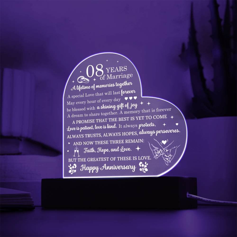 Eight Year Anniversary Gift - Romantic Gift for Couples - 8 Years Of Marriage Acrylic Heart Plaque - Personalize Memories