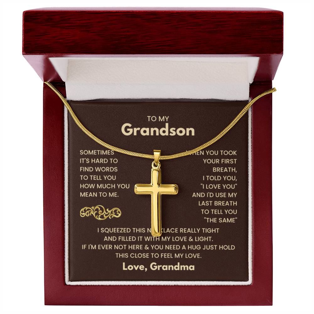 To My Grandson - Just hold this close to feel my love - Grandson Gift from Grandma - Artisan Cross Necklace - Personalize Memories