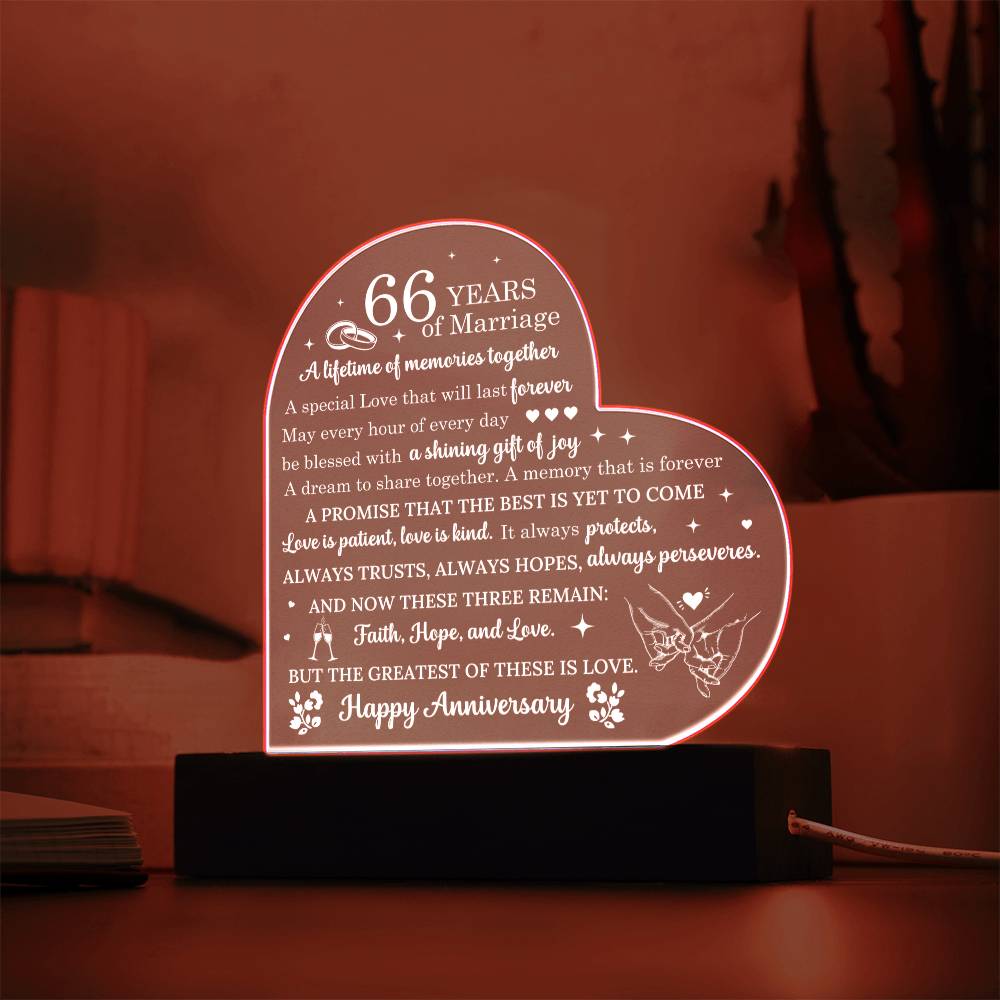 66 Year Anniversary Gift - Romantic Gift for Couples - 66 Years Of Marriage Acrylic Heart Plaque - Personalize Memories