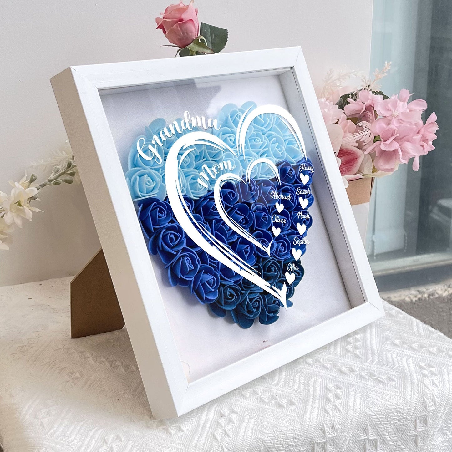 Grandma Hearts Mommy Hearts - Personalized Flower Shadow Box | Gift for Mom & Grandma - Personalize Memories