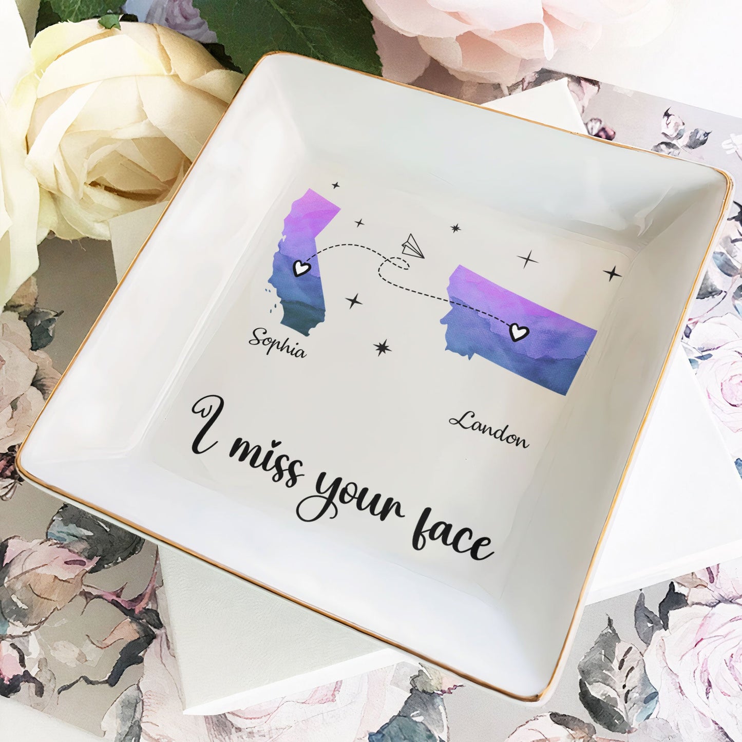 I Miss Your Face - Custom Multiple States - Personalized Jewelry Dish - Personalize Memories