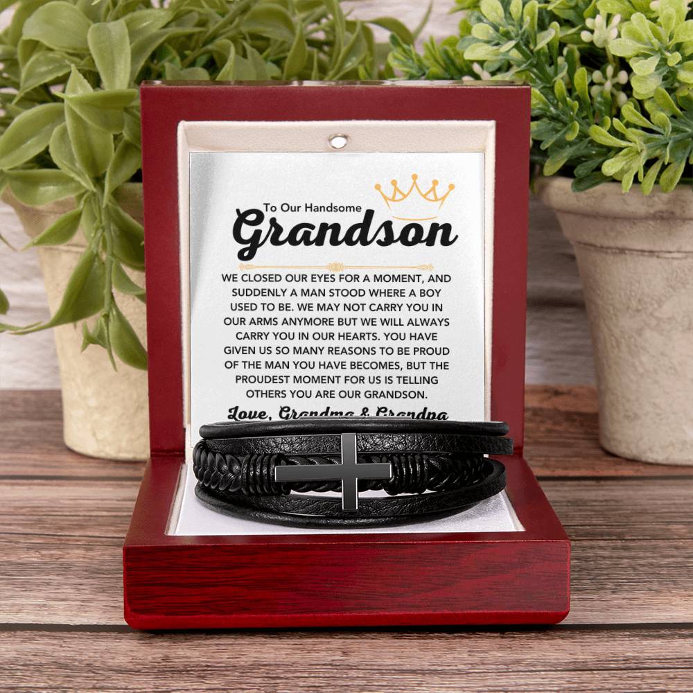 To Our Grandson – Holiday, Birthday, Graduation Gift from Grandma and Grandpa – Men's Cross Bracelet - Personalize Memories