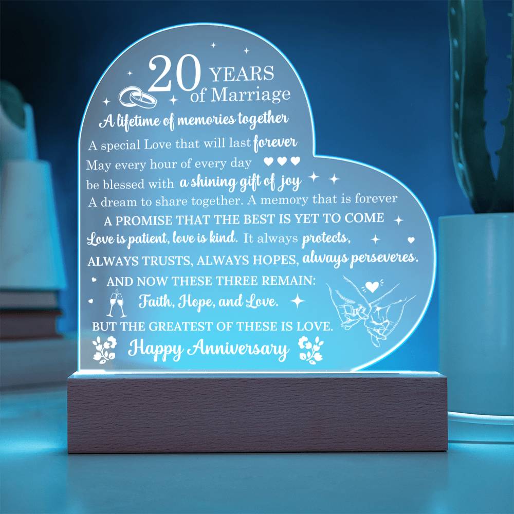 20 Year Anniversary Gift - Romantic Gift for Couples - 20 Years Of Marriage Acrylic Heart Plaque