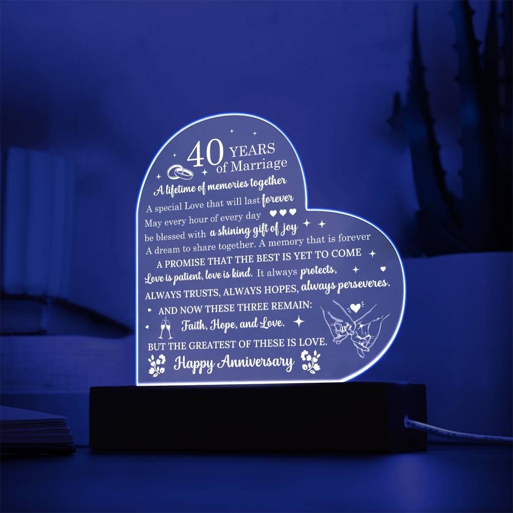 40 Year Anniversary Gift - Romantic Gift for Couples - 40 Years Of Marriage Acrylic Heart Plaque