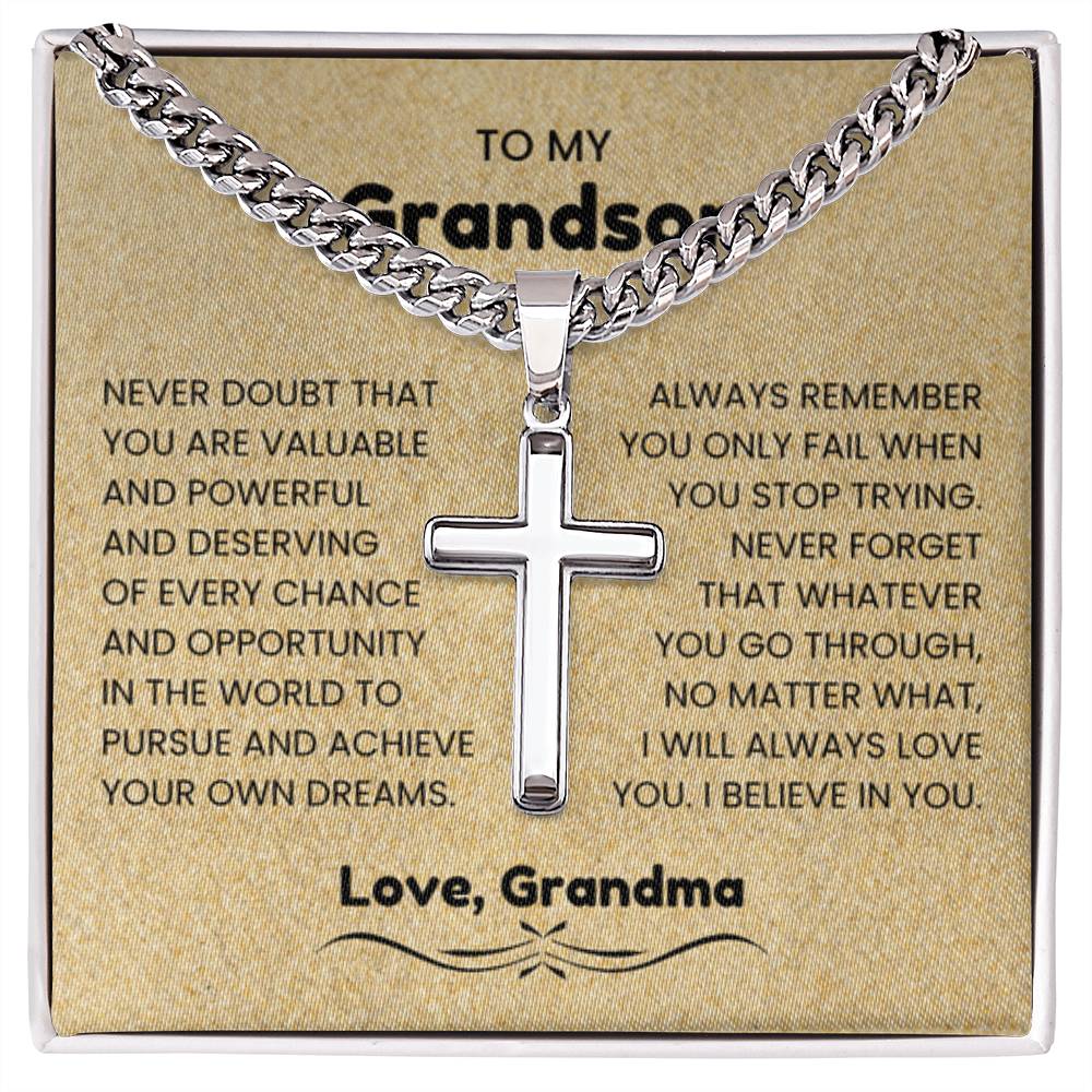 To My Grandson - Gift for Grandson from Grandpa - I will always love you - Artisan Cross with Cuban Link Chain - Personalize Memories