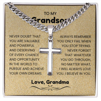 To My Grandson - Gift for Grandson from Grandpa - I will always love you - Artisan Cross with Cuban Link Chain - Personalize Memories