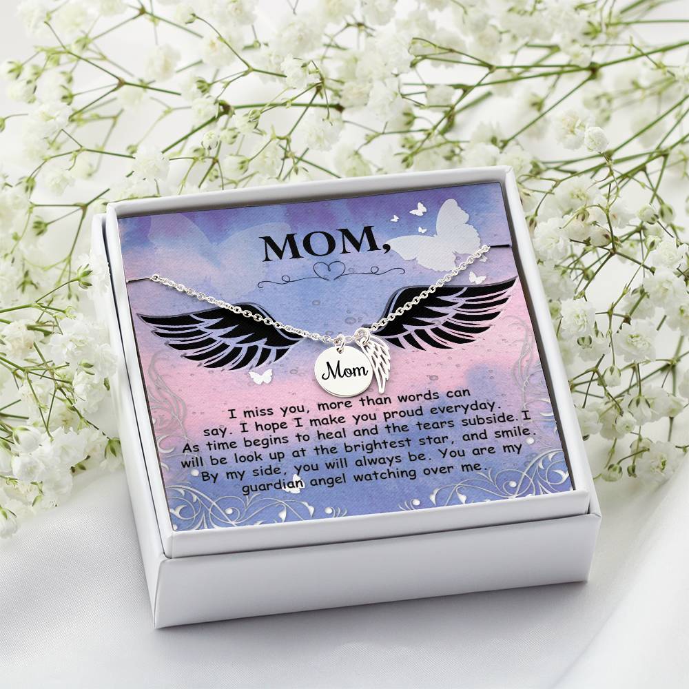 Mom Remembrance Necklace - Mother Sympathy Gift - Angel Wing Mom Necklace