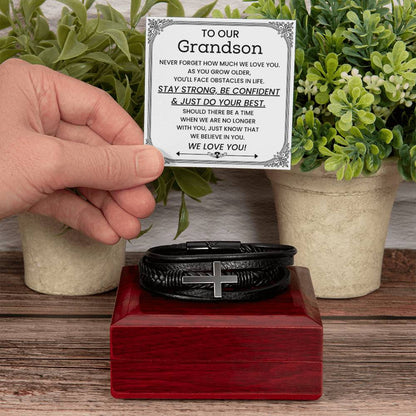 To Our Grandson - Gift for Grandson from Grandparents - Stay Strong, Be Confident & Just Do Your Best - Men's Cross Bracelet - Personalize Memories