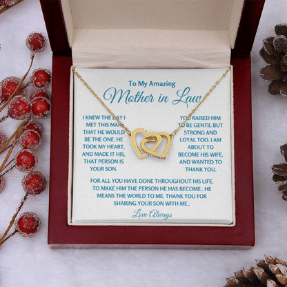 To My Amazing Mother In Law - Gift for MIL - Thank you for sharing your son with me - Interlocking Hearts Necklace - Personalize Memories