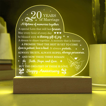 20 Year Anniversary Gift - Romantic Gift for Couples - 20 Years Of Marriage Acrylic Heart Plaque