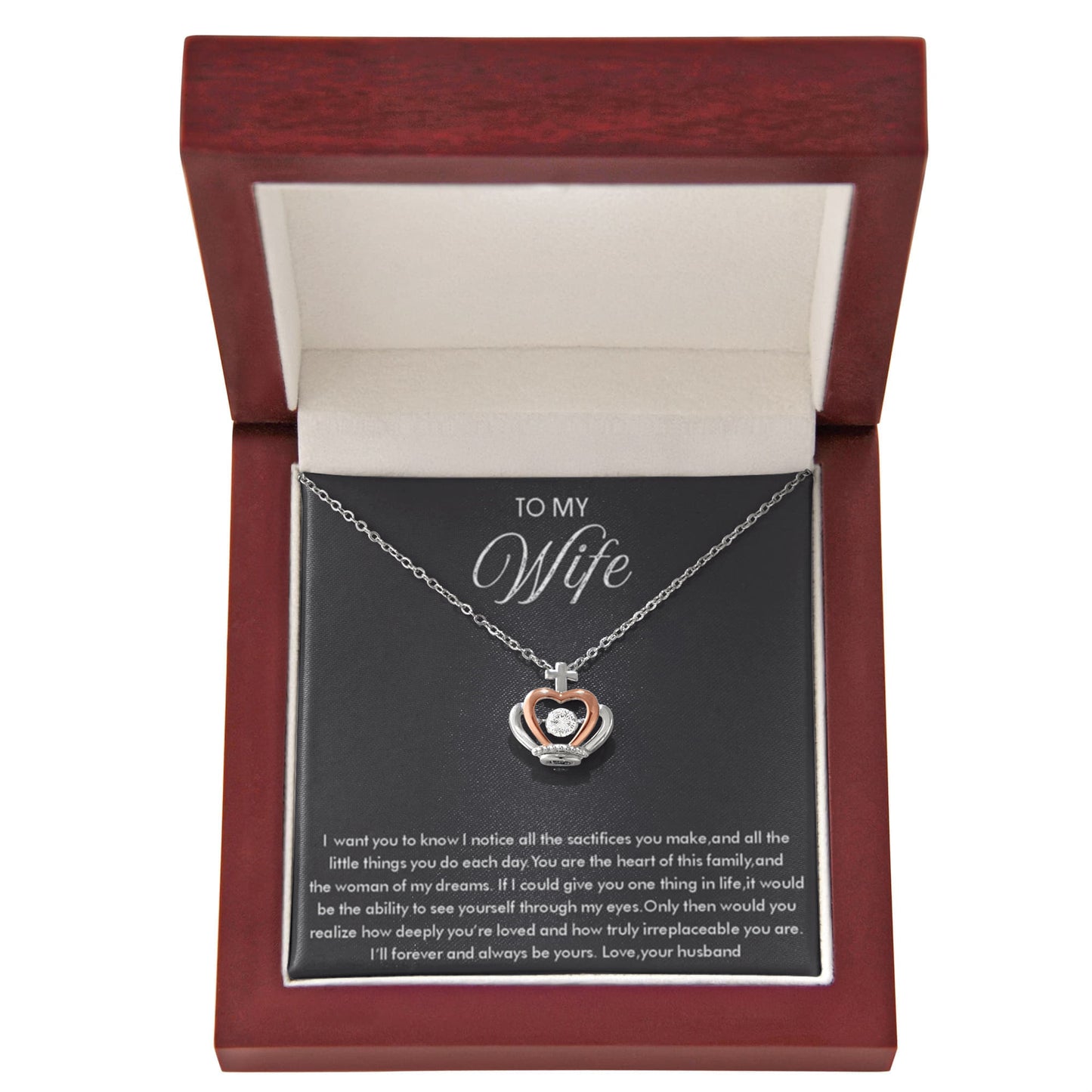 To My Wife Necklace from Husband - Emotional Jewelry Gift for Anniversary, Birthday & Valentine’s Day - Crown Pendant Necklace - Personalize Memories