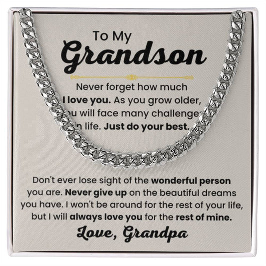 Grandson Necklace Gift from Grandpa, Birthday, Graduation & Christmas Jewelry - Cuban Link Chain - Personalize Memories