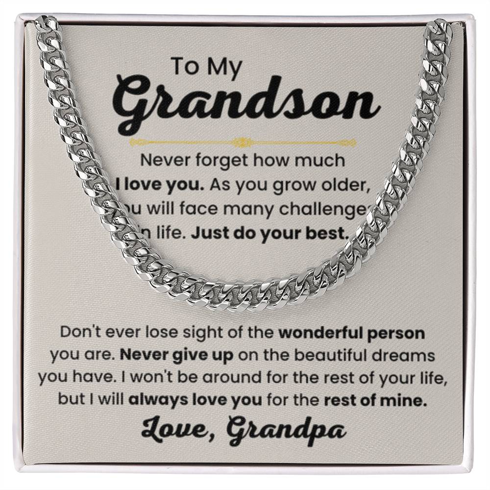 Grandson Necklace Gift from Grandpa, Birthday, Graduation & Christmas Jewelry - Cuban Link Chain - Personalize Memories