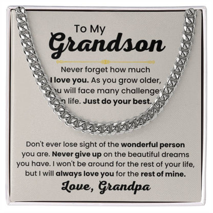Grandson Necklace Gift from Grandpa, Birthday, Graduation & Christmas Jewelry - Cuban Link Chain - Personalize Memories