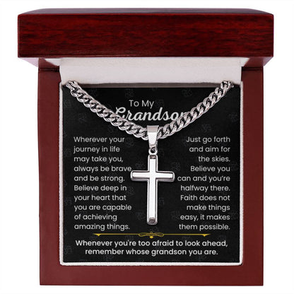 To My Grandson - Always be brave and be strong - Gift for Grandson - Artisan Cross with Cuban Link Chain - Personalize Memories