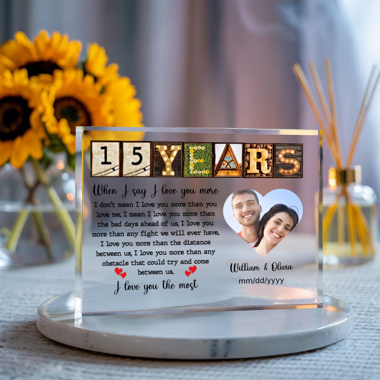 15th Year Anniversary Gift - Personalized Acrylic Block - 15th Anniversary Photo Present for Couples, When I Say I Love You More Personalize Memories