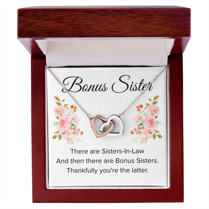 Gift for Bonus Sister - Thankfully You're the Latter - Interlocking Hearts Necklace - Personalize Memories