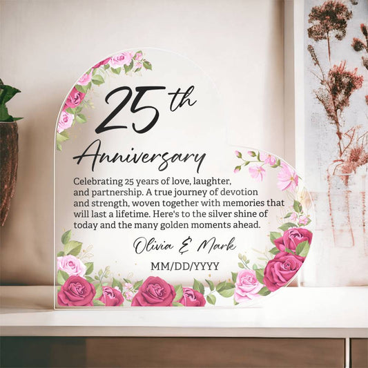 Personalized 25th Wedding Anniversary Gift - Acrylic Heart Block for 25 Year of Marriage