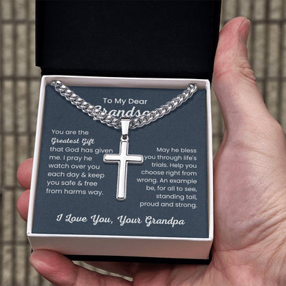 To Dear My Grandson - You are the greatest gift - Gift for Grandson from Grandpa - Artisan Cross with Cuban Link Chain - Personalize Memories