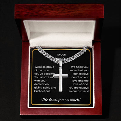 To Our Grandson - We love you so much - Gift for Grandson from Grandparents - Artisan Cross with Cuban Link Chain - Personalize Memories