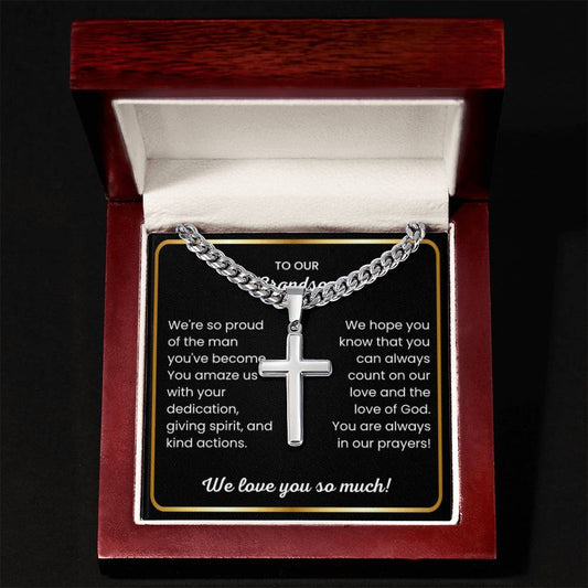 To Our Grandson - We love you so much - Gift for Grandson from Grandparents - Artisan Cross with Cuban Link Chain