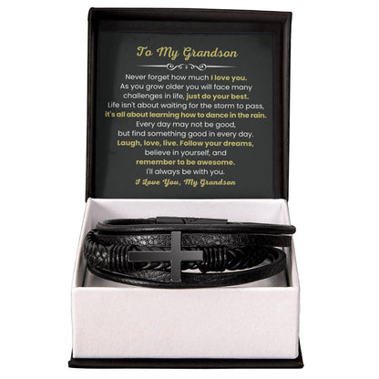 To My Grandson Bracelet - Gift for Grandson - It's all about learning how to dance in the rain - Men's Cross Bracelet - Personalize Memories