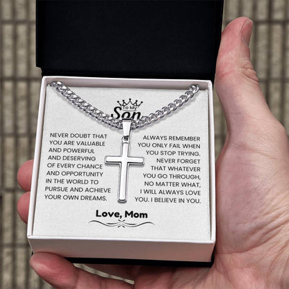 To My Son - Gift for Son from Mom - I will always love you - Artisan Cross with Cuban Link Chain - Personalize Memories