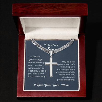 To Dear My Son - You are the greatest gift - Gift for Son from Mom - Artisan Cross with Cuban Link Chain - Personalize Memories