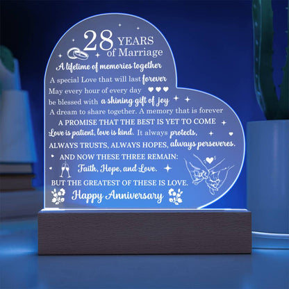 28 Year Anniversary Gift - Romantic Gift for Couples - 28 Years Of Marriage Acrylic Heart Plaque