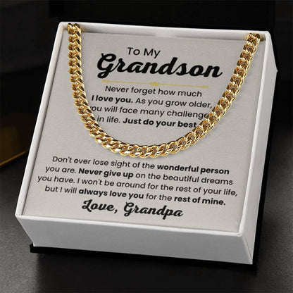 Grandson Necklace Gift from Grandpa, Birthday, Graduation & Christmas Jewelry - Cuban Link Chain - Personalize Memories