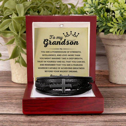 To My Grandson – Graduation, Holiday Gift from Grandpa – Men's Cross Bracelet - Personalize Memories