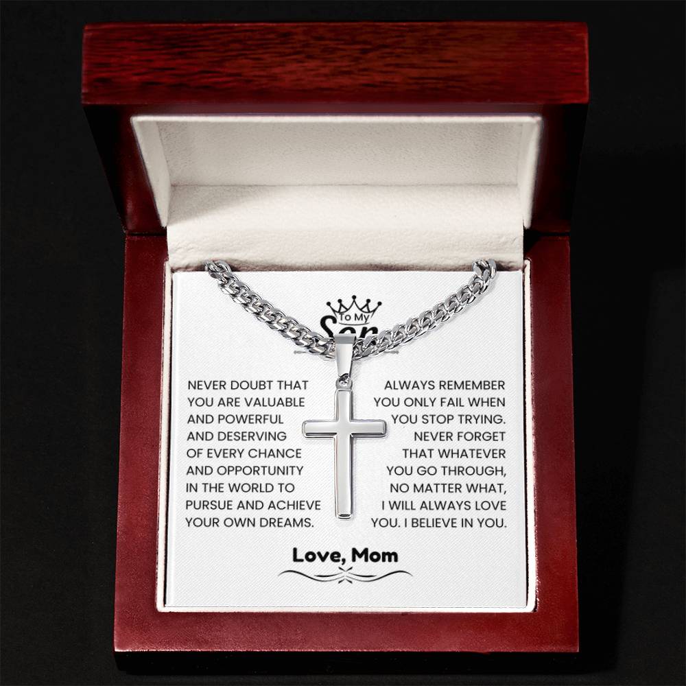 To My Son - Gift for Son from Mom - I will always love you - Artisan Cross with Cuban Link Chain - Personalize Memories