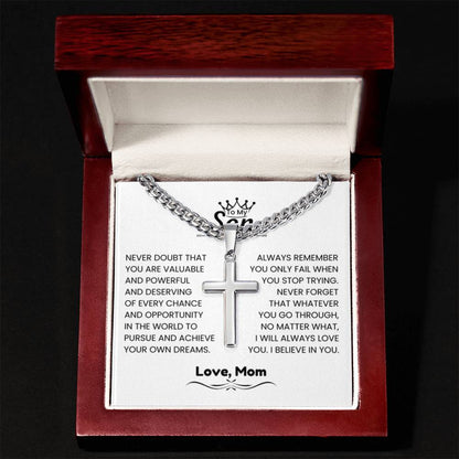 To My Son - Gift for Son from Mom - I will always love you - Artisan Cross with Cuban Link Chain - Personalize Memories