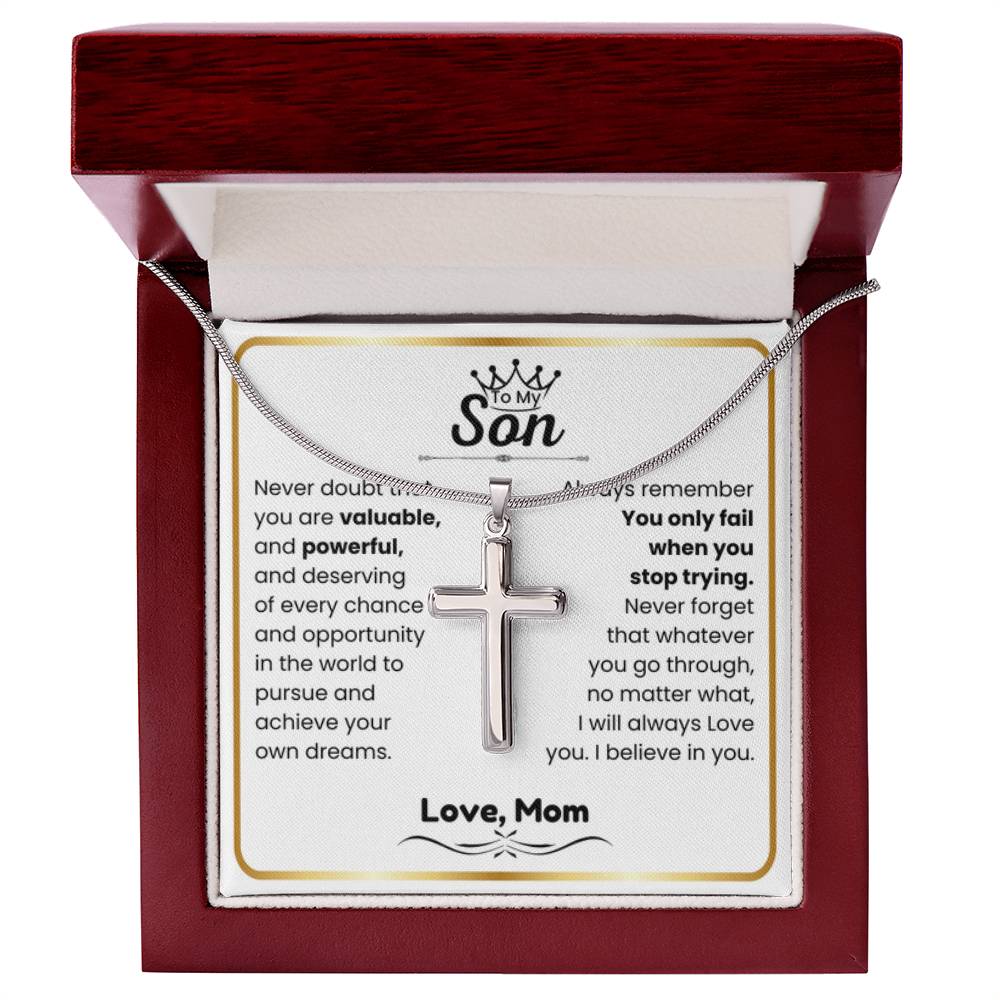 To My Son - I believe in you - Son Gift from Mom - Artisan Cross Necklace - Personalize Memories