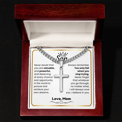 To My Son - I believe in you - Son Gift from Mom - Artisan Cross with Cuban Link Chain - Personalize Memories