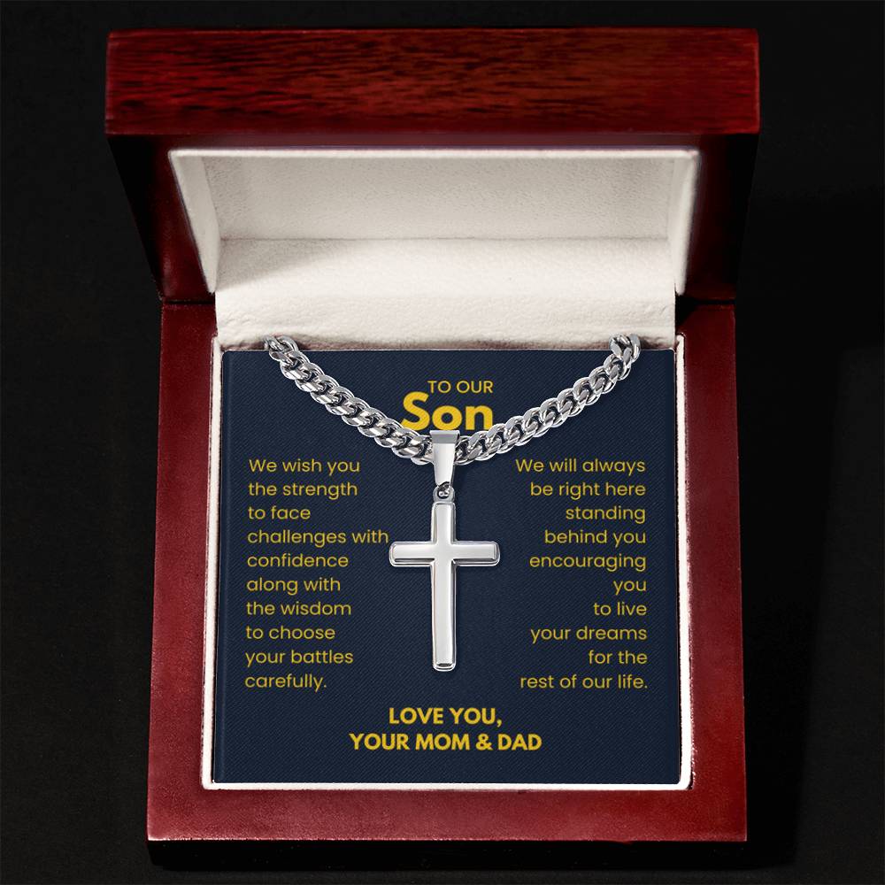 To Our Son - Son Gift from Mom and Dad - Artisan Cross with Cuban Link Chain - Personalize Memories