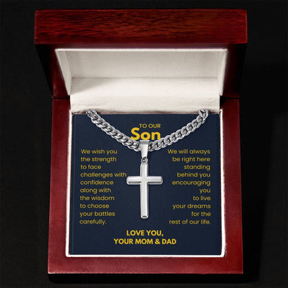 To Our Son - Son Gift from Mom and Dad - Artisan Cross with Cuban Link Chain - Personalize Memories