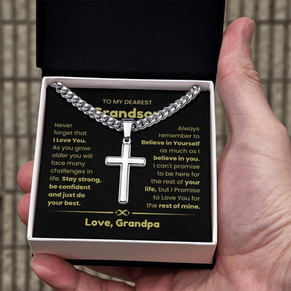 To My Grandson - Grandson Gift from Grandma - As you grow older you will face many challenges in life - Artisan Cross with Cuban Link Chain - Personalize Memories