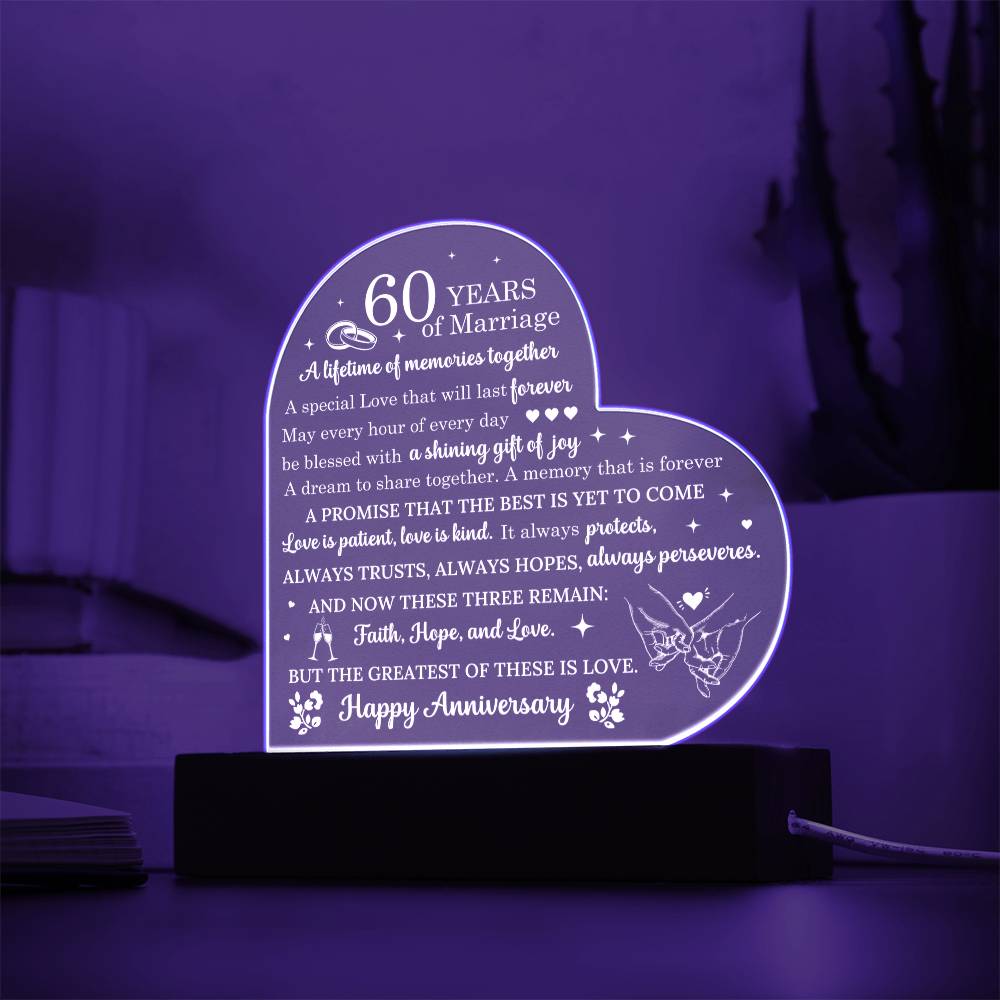 60 Year Anniversary Gift - Romantic Gift for Couples - 60 Years Of Marriage Acrylic Heart Plaque - Personalize Memories
