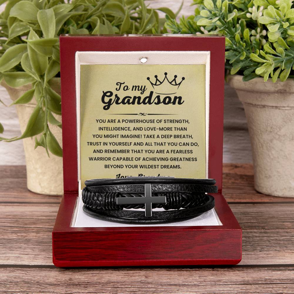 To My Grandson – Graduation, Holiday Gift from Grandma – Men's Cross Bracelet - Personalize Memories