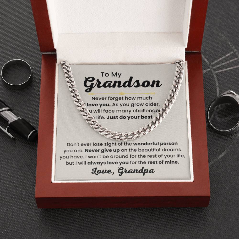 Grandson Necklace Gift from Grandpa, Birthday, Graduation & Christmas Jewelry - Cuban Link Chain - Personalize Memories