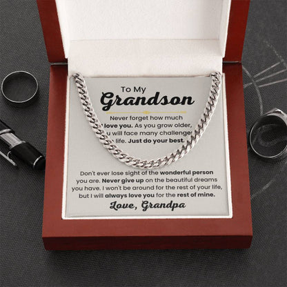 Grandson Necklace Gift from Grandpa, Birthday, Graduation & Christmas Jewelry - Cuban Link Chain - Personalize Memories