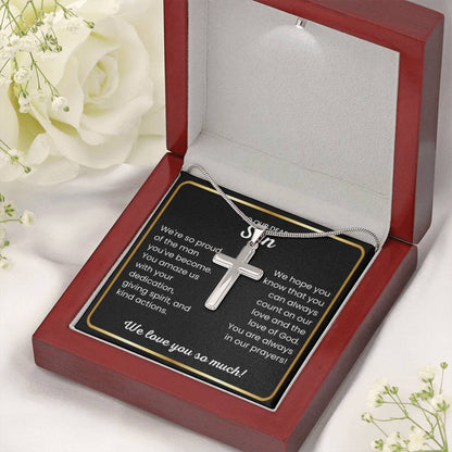To Our Dear Son - We love you so much - Gift for Son from Mom and Dad - Artisan Cross Necklace - Personalize Memories