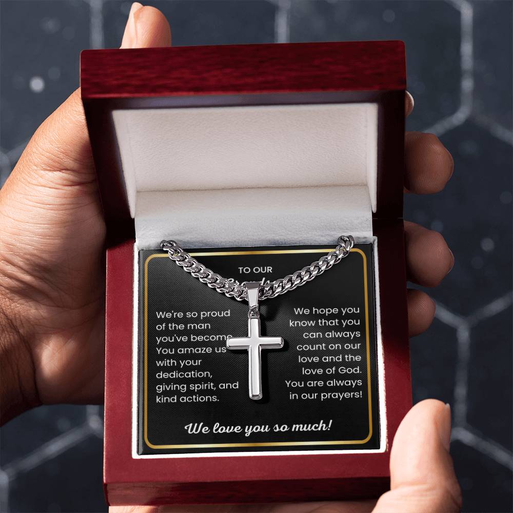 To Our Grandson - We love you so much - Gift for Grandson from Grandparents - Artisan Cross with Cuban Link Chain - Personalize Memories