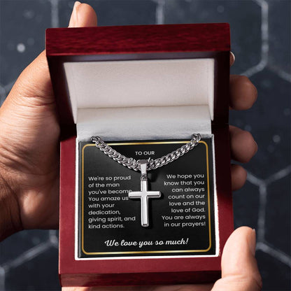 To Our Grandson - We love you so much - Gift for Grandson from Grandparents - Artisan Cross with Cuban Link Chain - Personalize Memories