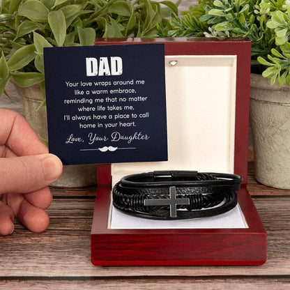 Gift for Dad from Daughter - Your love wraps around me like a warm embrace - Men's Cross Bracelet - Personalize Memories