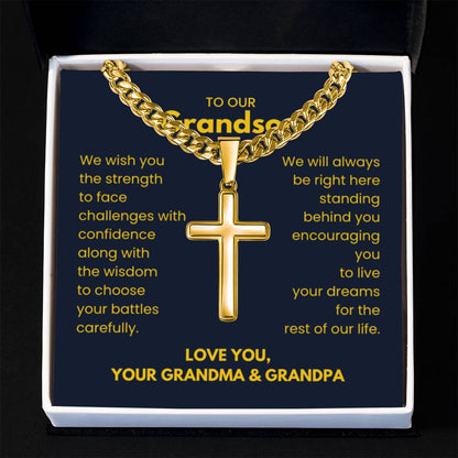 To Our Grandson - Grandson Gift from Grandma and Grandpa - Artisan Cross with Cuban Link Chain - Personalize Memories