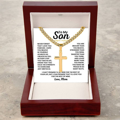 To My Son - Never forget I love you forever - Gift for Son from Mom - Artisan Cross with Cuban Link Chain - Personalize Memories
