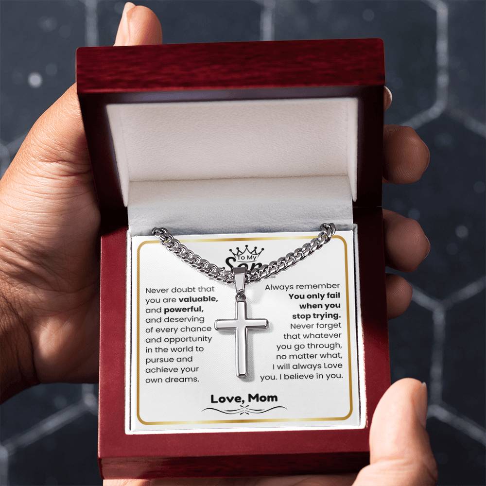 To My Son - I believe in you - Son Gift from Mom - Artisan Cross with Cuban Link Chain - Personalize Memories