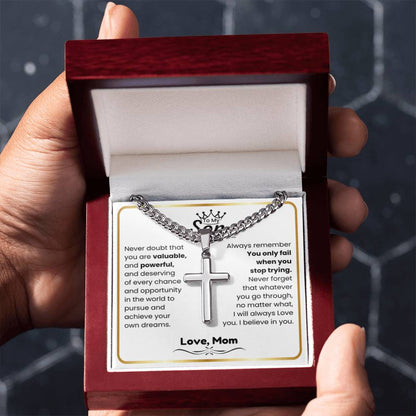 To My Son - I believe in you - Son Gift from Mom - Artisan Cross with Cuban Link Chain - Personalize Memories